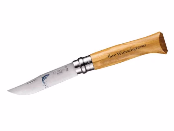 Opinel Taschenmesser No 08, Olivenholz, Delfinmotiv - Gravur möglich