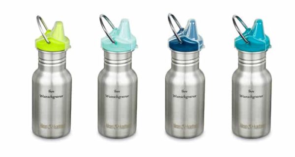 Klean Kanteen Trinkflasche Kid Classic (355 ml) "Brushed Stainless" - Sippy Cap - Deckelfarbe wählbar – Gravur möglich