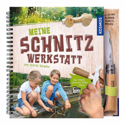 Opinel Kindermesser No7  inklusive Buch "Meine Schnitzwerkstatt" - Messergravur möglich + 3-tlg. Schnitzholzset – Lindenholz Länge 20cm