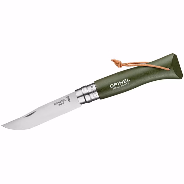 Opinel Taschenmesser No 08 COLORAMA, khaki, rostfrei, Kordel - Gravur möglich