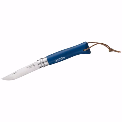 Opinel Taschenmesser No 08, Buche, blau, rostfrei, mit Etui in Geschenkschachtel - Gravur möglich