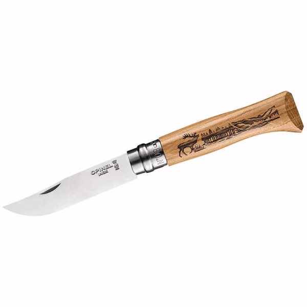 Opinel Taschenmesser No 08 ANIMALIA, Hirsch, Eiche, rostfrei - Gravur möglich