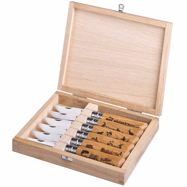 Opinel Taschenmesser No 08, ANIMALIA-Kollektion, Holzbox - Messergravur möglich