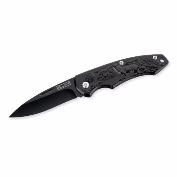 CJH Taschenmesser, Wolf, schwarz - Gravur möglich -
