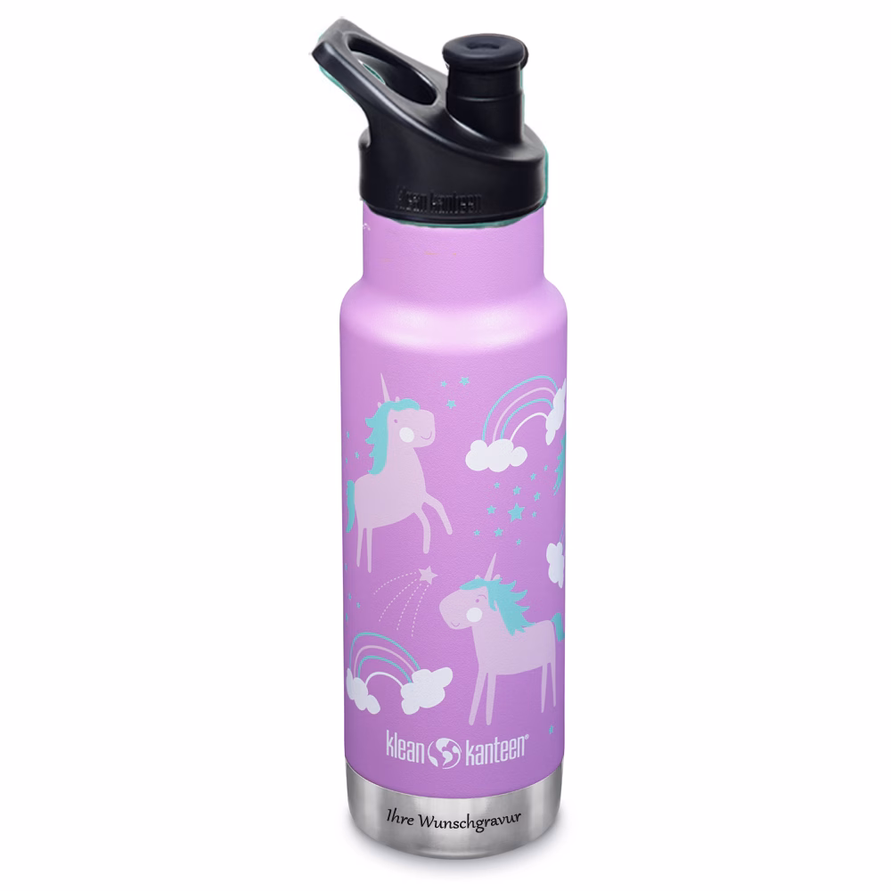 Klean Kanteen Kinder Isolier-Trinkflasche, vakuumisoliert, 355 ml mit Sport Cap, Unicorns mit SportCap schwarz - Gravur möglich