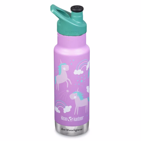 Klean Kanteen Kinder Isolier-Trinkflasche, vakuumisoliert, 355 ml mit Sport Cap, Unicorns mit SportCap teal - Gravur möglich