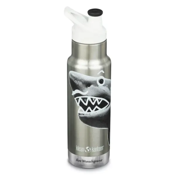Klean Kanteen Kinder Isolier-Trinkflasche, vakuumisoliert, 355 ml mit Sport Cap, Mr. Shark - Gravur möglich