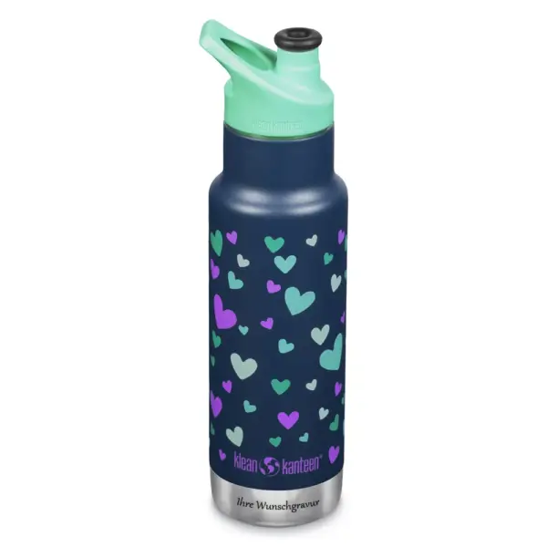 Klean Kanteen Kinder Isolier-Trinkflasche, vakuumisoliert, 355 ml mit Sport Cap, Navy Hearts - Gravur möglich