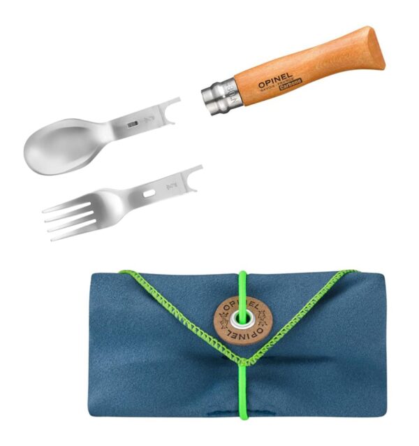Opinel 4-tlg. Set, Löffel und Gabelaufsatz, Messer No8 Carbon - Gravur am Griff möglich