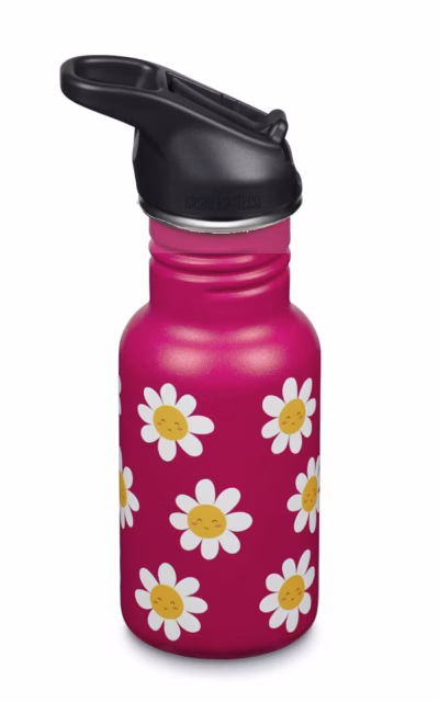 Klean Kanteen Trinkflasche Kid Classic (355 ml)  - Flip Sport Cap schwarz - „Happy Flowers “ - Gravur möglich