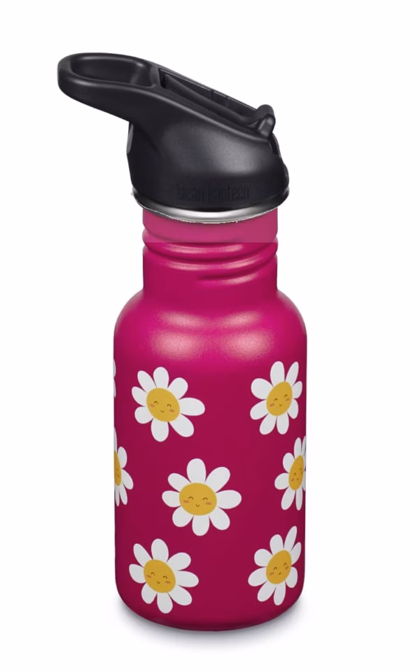 Klean Kanteen Trinkflasche Kid Classic (355 ml)  - Flip Sport Cap schwarz - „Happy Flowers “ - Gravur möglich