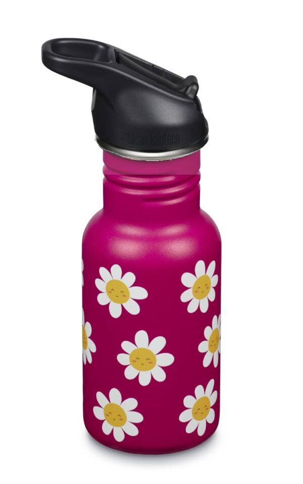 Klean Kanteen Trinkflasche Kid Classic (355 ml)  - Flip Sport Cap schwarz - „Happy Flowers “ - Gravur möglich