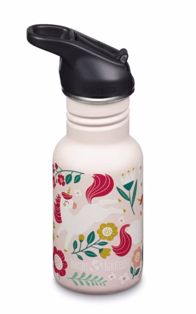 Klean Kanteen Trinkflasche Kid Classic (355 ml)  - Flip Sport Cap schwarz - „Leaping Unicorns “ - Gravur möglich